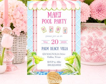 Mahjong Pool Party-Einladung, bearbeitbare Mahjong Einladung, Palm Beach Cabana Party, Chinoiserie Mahjong Social