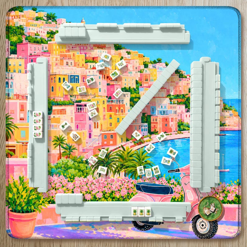 Positano Mahjong Mat Amalfi Coast Design, Pink Vespa Italian Coastal Pattern, Dolce Vita Travel Lover Gift