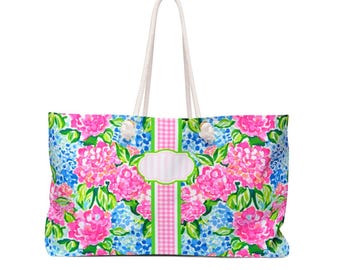 Personalisierte Mahjong Tragetasche, Hortensie Blumenmuster, kundenspezifische Monogramm Initialen, Mahj Initial Tasche, rosa Preppy Tote Mahjong Geschenk