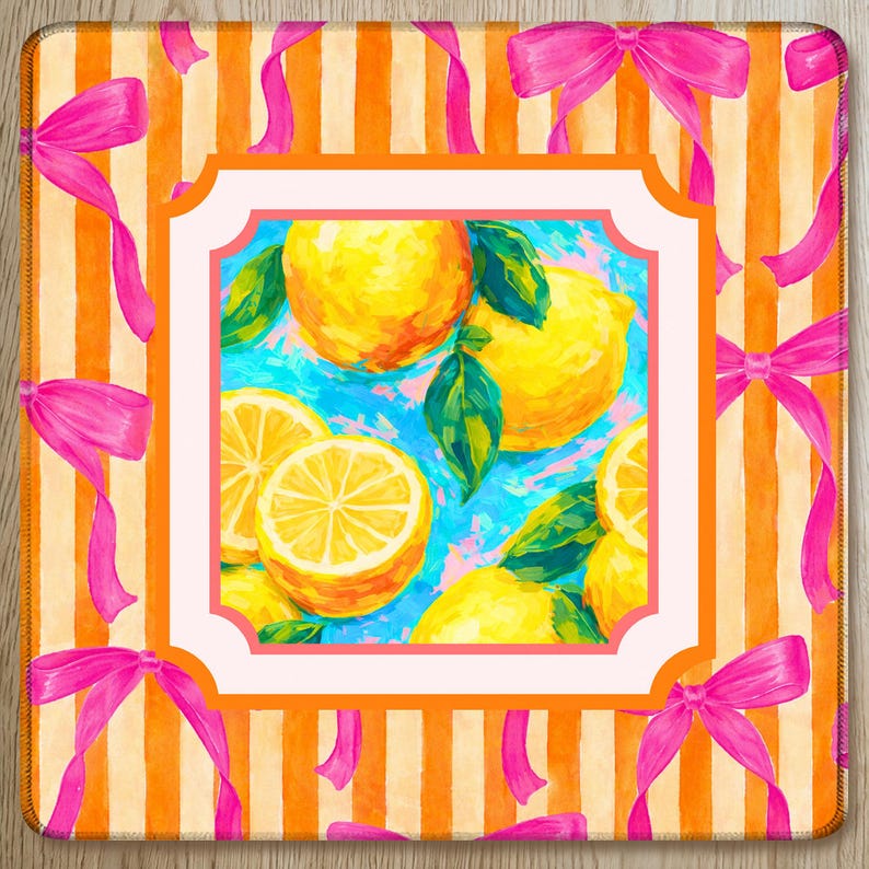 Teal Mahjong Mat Lemon Citrus Pattern, Orange Stripe Pink Ribbon Design, American Mahjong Table Mat, Preppy Gift