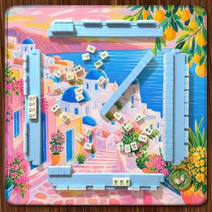Santorini Mahjong Mat, Greek Island Coastal Design, Pink Blue Sunset Village Scene, Mediterranean Luxury Aesthetic, American Mahjong Mat