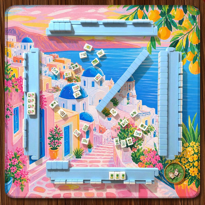 Santorini Mahjong Mat, Greek Island Coastal Design, Pink Blue Sunset Village Scene, Mediterranean Luxury Aesthetic, American Mahjong Mat