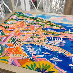 Monte Carlo Blue Mahjong Mat, Hand Painted Monaco Harbor Design, French Riviera Yacht Club Coastal Mat, Hostess Mahjong Gift