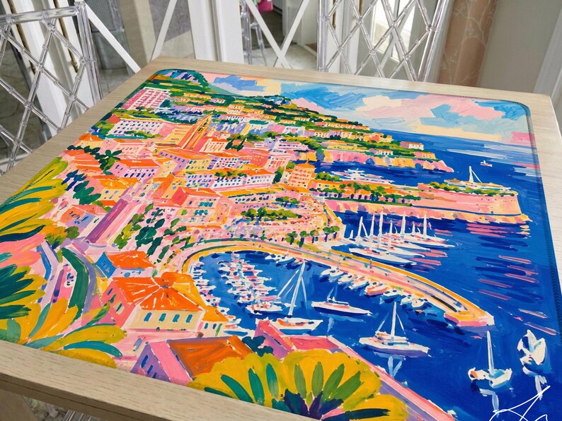 Monte Carlo Blue Mahjong Mat, Hand Painted Monaco Harbor Design, French Riviera Yacht Club Coastal Mat, Hostess Mahjong Gift