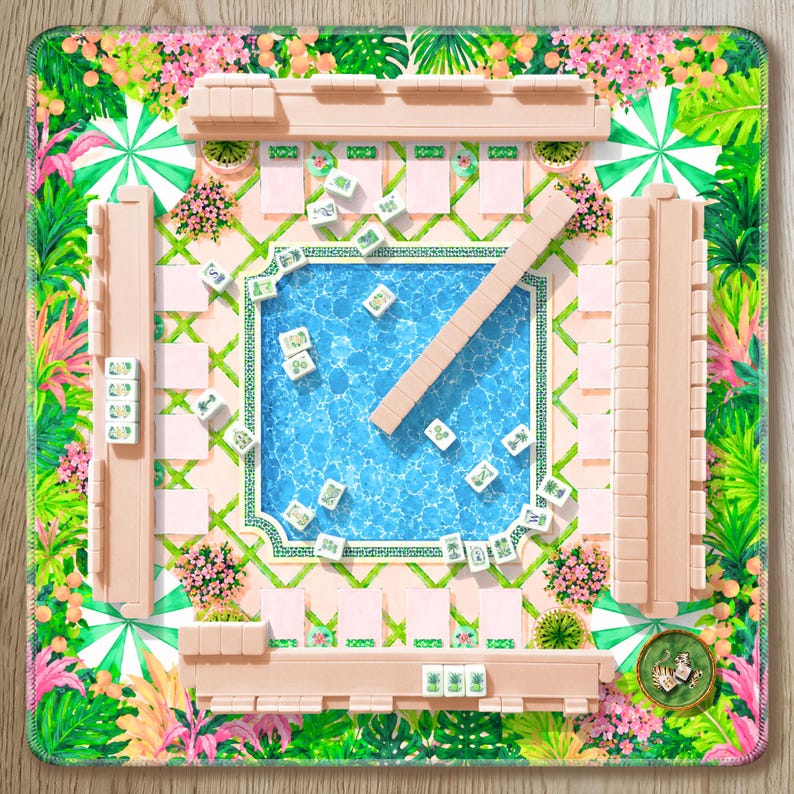 Beverly Hills Mahjong Mat Poolside Tropical Design, Palm Beach Cabana Pattern, Preppy Resort Style Table Mat