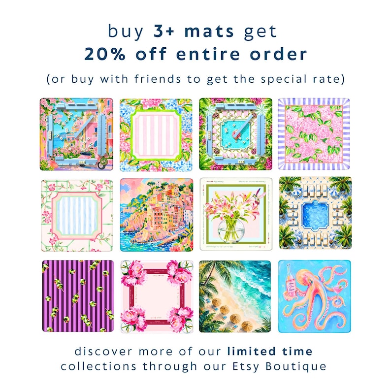 May include: A collection of twelve square mats featuring diverse colorful illustrations including coastal towns, swimming pools, floral patterns, striped designs, and an octopus. Text at the top reads: buy 3+ mats get 20% off entire order. Bottom text reads: discover more of our limited time collections through our Etsy Boutique.