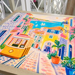 Lisbon Pink Mahjong Mat, Hand Painted Portugal Blue Mat, Coastal Travel Mahjong Gift