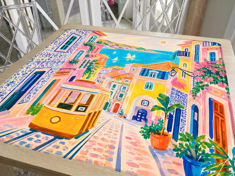 Lisbon Pink Mahjong Mat, Hand Painted Portugal Blue Mat, Coastal Travel Mahjong Gift