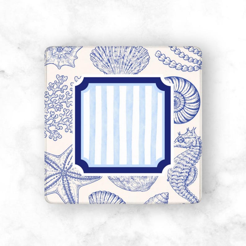 Mahjong Mat Blue Stripe Pattern, Coastal Seashell Design Nautical Style, Beach House Preppy Look, Gift for Dad or Husband