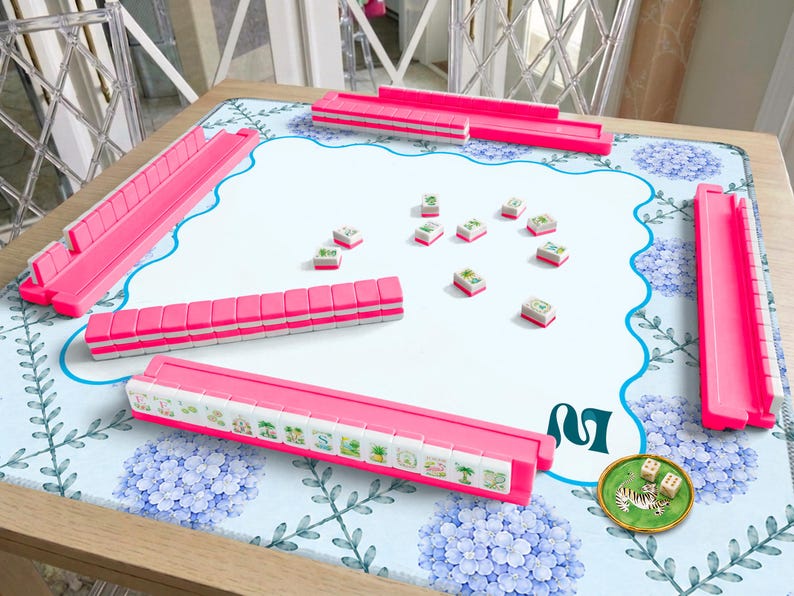 Coastal Hamptons Mahjong Mat, Blue Hydrangea Garden Mat, Birthday Gift for Mahjong Lovers or Hosts