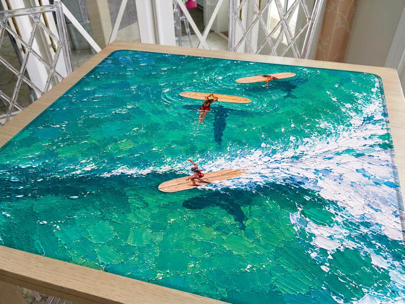 Teal Summer Surfing Mahjong Mat, Coastal Ocean Artwork, Vacation Inspired Mahjong Gift, Hostess Gift