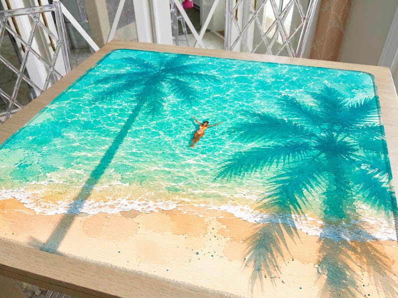 Teal Beach Mahjong Mat, Summer Coastal Escape Artwork, Travel Inspired Mahjong Gift, Hostess Gift