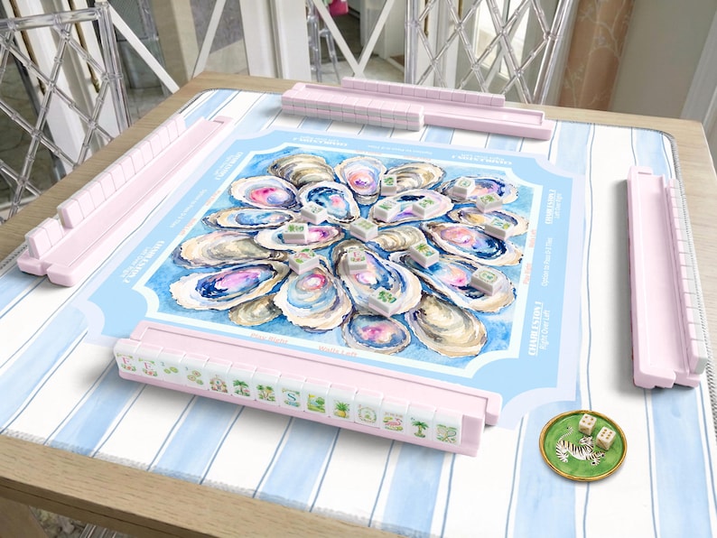 Oyster Shell Mahjong Mat with Rules, Coastal Blue Stripe Pattern, Beach House Design American Mahjong Table Mat, Preppy Gift