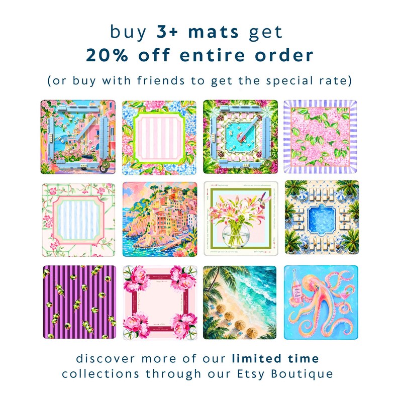 May include: A collection of twelve square mats featuring diverse colorful illustrations including coastal towns, swimming pools, floral patterns, striped designs, and an octopus. Text at the top reads: buy 3+ mats get 20% off entire order. Bottom text reads: discover more of our limited time collections through our Etsy Boutique.