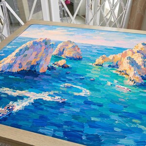 Los Cabos Blue Mahjong Mat Hand Painted Ocean Scene, Cabo Arch Coastal Mat, Mexico Travel Hostess Gift for her or him