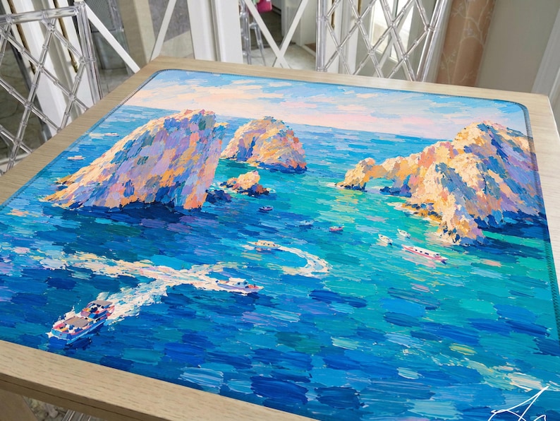 Los Cabos Blue Mahjong Mat Hand Painted Ocean Scene, Cabo Arch Coastal Mat, Mexico Travel Hostess Gift for her or him
