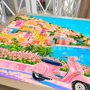 Positano Mahjong Mat Amalfi Coast Design, Pink Vespa Italian Coastal Pattern, Dolce Vita Travel Lover Gift