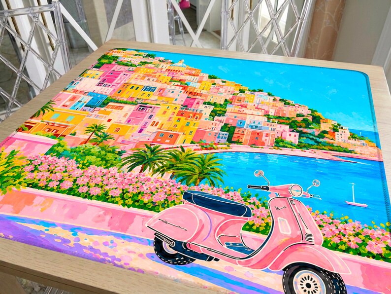 Positano Mahjong Mat Amalfi Coast Design, Pink Vespa Italian Coastal Pattern, Dolce Vita Travel Lover Gift