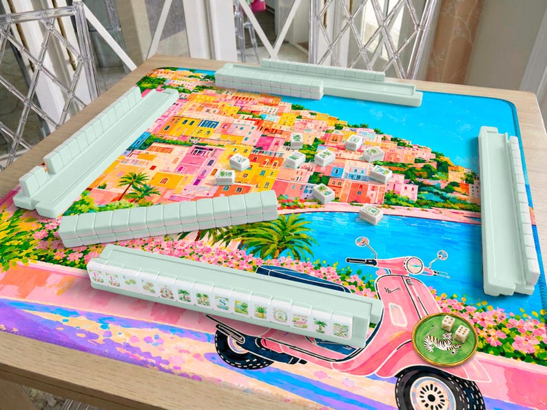 Positano Mahjong Mat Amalfi Coast Design, Pink Vespa Italian Coastal Pattern, Dolce Vita Travel Lover Gift