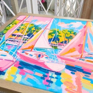 Pink Sailboat Mahjong Mat, Preppy Yacht Club Style, Coastal Palm Beach Aesthetic, Blue Water Sailing Scene, American Mahjong Mat