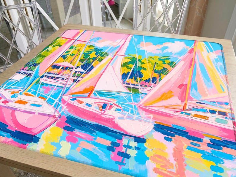 Pink Sailboat Mahjong Mat, Preppy Yacht Club Style, Coastal Palm Beach Aesthetic, Blue Water Sailing Scene, American Mahjong Mat