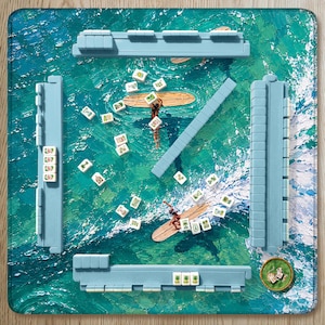 Teal Summer Surfing Mahjong Mat, Coastal Ocean Artwork, Vacation Inspired Mahjong Gift, Hostess Gift