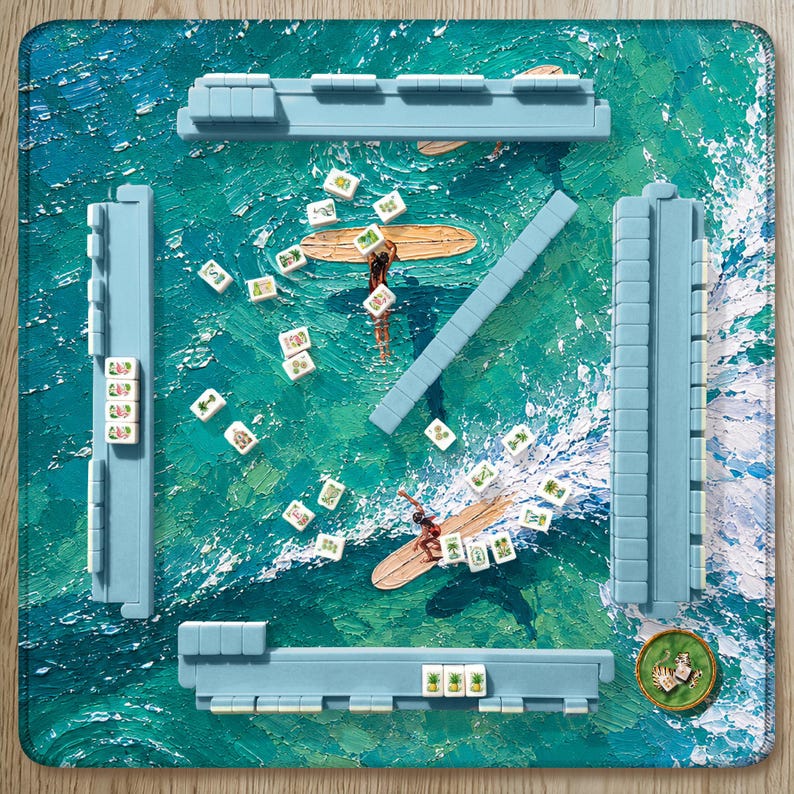 Teal Summer Surfing Mahjong Mat, Coastal Ocean Artwork, Vacation Inspired Mahjong Gift, Hostess Gift