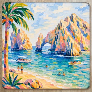 Hand Painted Los Cabos Mahjong Mat, Cabo San Lucas Beach and Arch, Mexico Fiesta Vacation Mahjong Gift for her