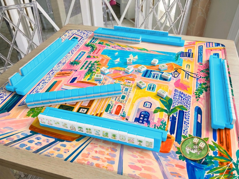 Lisbon Pink Mahjong Mat, Hand Painted Portugal Blue Mat, Coastal Travel Mahjong Gift
