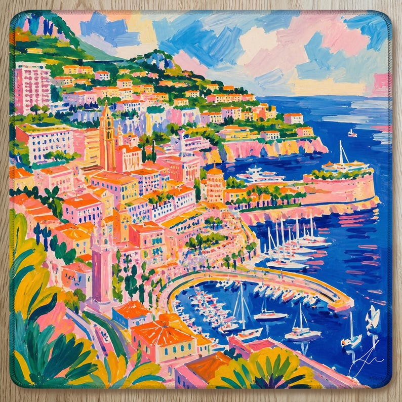 Monte Carlo Blue Mahjong Mat, Hand Painted Monaco Harbor Design, French Riviera Yacht Club Coastal Mat, Hostess Mahjong Gift