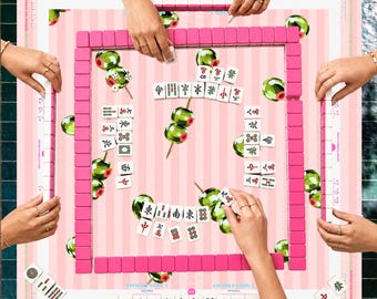 Pink Mahjong Mat with Rules, Olive Martini Cocktail Design, Striped Pattern, American Mahjong Gift