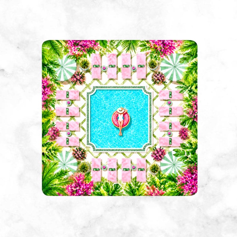 Palm Beach Mahjong Mat, Poolside Birthday Party Design with Pink Lounge Chairs and Green Tile Border, Preppy Resort Mahjong Mat