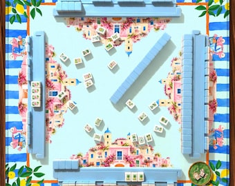 Amalfi Coast Mahjong Mat Positano Coastal Design, Italian Vespa and Lemon Cabana Pattern, Summer Hostess Gift