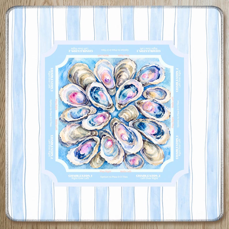 Oyster Shell Mahjong Mat with Rules, Coastal Blue Stripe Pattern, Beach House Design American Mahjong Table Mat, Preppy Gift