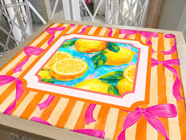 Teal Mahjong Mat Lemon Citrus Pattern, Orange Stripe Pink Ribbon Design, American Mahjong Table Mat, Preppy Gift