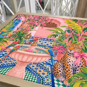 Moroccan Garden Mahjong Mat, Riad Courtyard Design with Leopard and Parrots, Pink Green Tropical Tile Fountain Scene, Luxury Maximalist Mahj