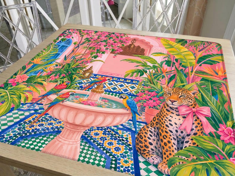 Moroccan Garden Mahjong Mat, Riad Courtyard Design with Leopard and Parrots, Pink Green Tropical Tile Fountain Scene, Luxury Maximalist Mahj