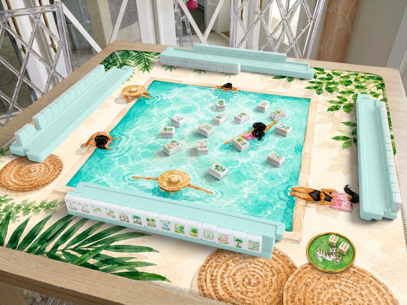 Tropical Mahjong Mat, Poolside Retreat Artwork, Vacation Inspired Mahjong Gift, Summer Mahjong Mat