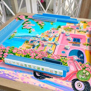 Amalfi Coast Mahjong Mat, Dolce Vita Italian Riviera Style, Pink Vespa Coastal Scene, Preppy Mediterranean Aesthetic, American Mahjong Mat