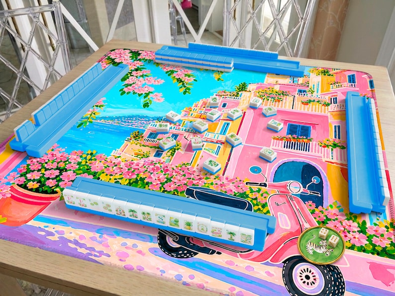 Amalfi Coast Mahjong Mat, Dolce Vita Italian Riviera Style, Pink Vespa Coastal Scene, Preppy Mediterranean Aesthetic, American Mahjong Mat