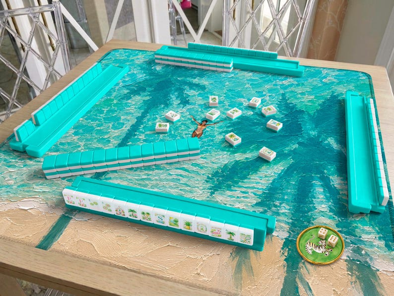 Teal Palm Beach Mahjong Mat, Poolside Resort Artwork, Tropical Coastal Mahjong Gift, Hostess Gift for Her
