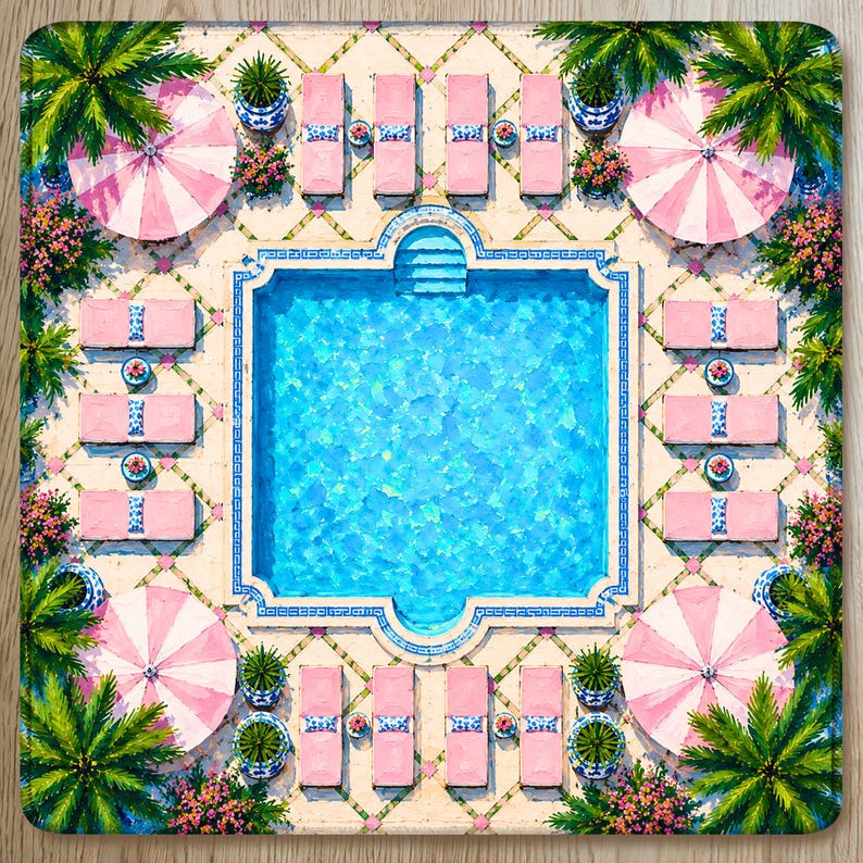 Pink Cabana Mahjong Mat Palm Beach Pool, Green Tropical Resort Mat, Mahjong Birthday Gift
