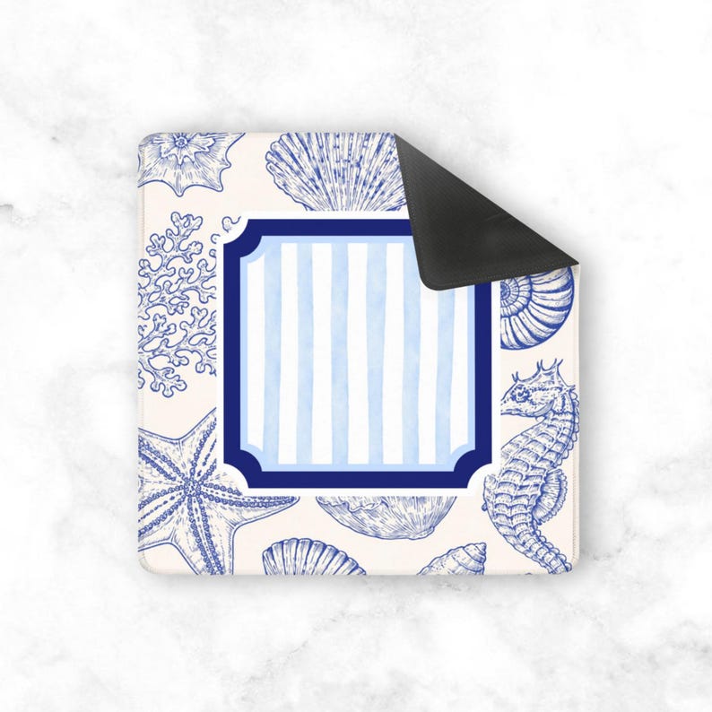 Mahjong Mat Blue Stripe Pattern, Coastal Seashell Design Nautical Style, Beach House Preppy Look, Gift for Dad or Husband