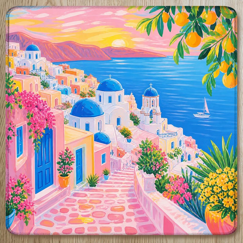 Santorini Mahjong Mat, Greek Island Coastal Design, Pink Blue Sunset Village Scene, Mediterranean Luxury Aesthetic, American Mahjong Mat