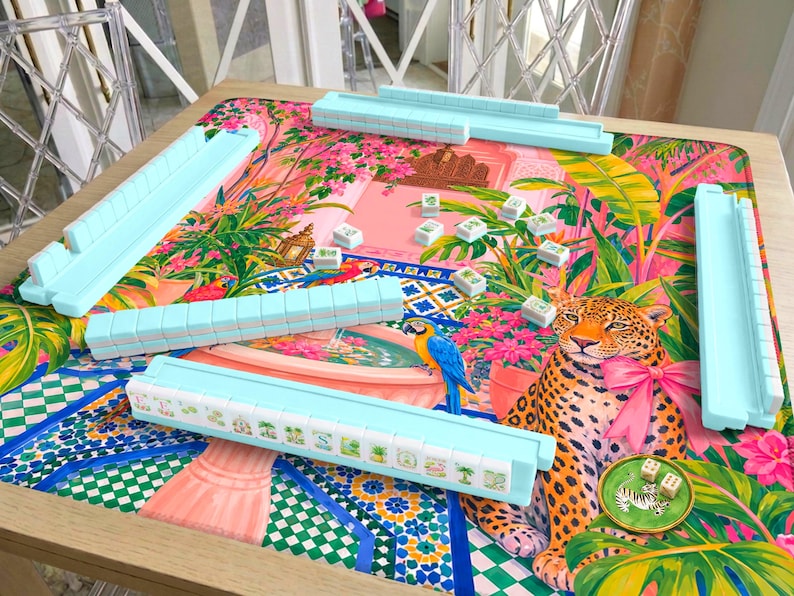 Moroccan Garden Mahjong Mat, Riad Courtyard Design with Leopard and Parrots, Pink Green Tropical Tile Fountain Scene, Luxury Maximalist Mahj