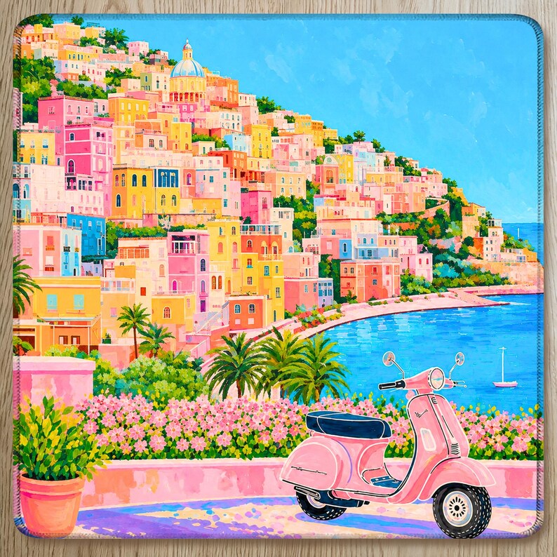 Positano Mahjong Mat Amalfi Coast Design, Pink Vespa Italian Coastal Pattern, Dolce Vita Travel Lover Gift