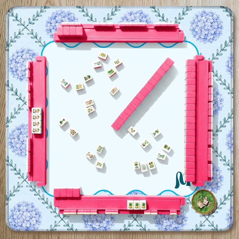 Coastal Hamptons Mahjong Mat, Blue Hydrangea Garden Mat, Birthday Gift for Mahjong Lovers or Hosts