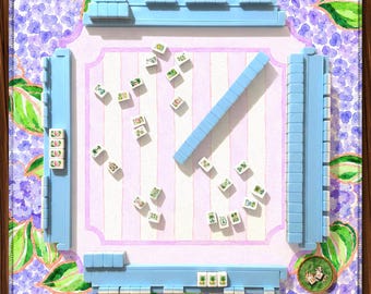 Hand Painted Hydrangea Mahjong Mat, Purple Floral Heirloom Design with Lilac Stripe Pattern, Grandmillennial Hostess Gift