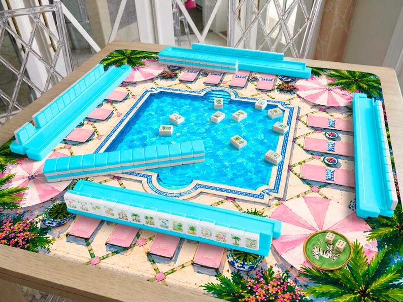 Pink Cabana Mahjong Mat Palm Beach Pool, Green Tropical Resort Mat, Mahjong Birthday Gift