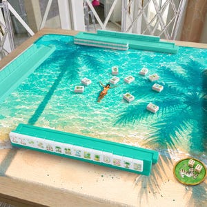 Teal Beach Mahjong Mat, Summer Coastal Escape Artwork, Travel Inspired Mahjong Gift, Hostess Gift
